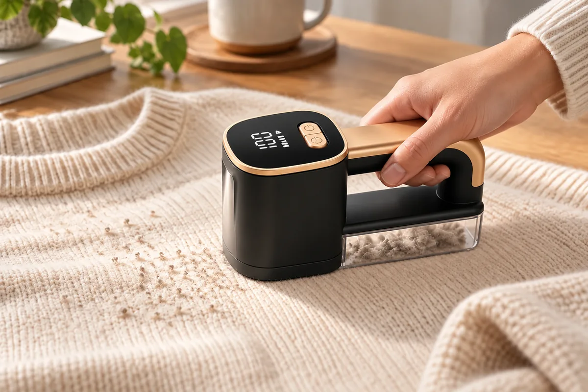 FS-9955B held by its compact handle during gentle use on flat knitwear