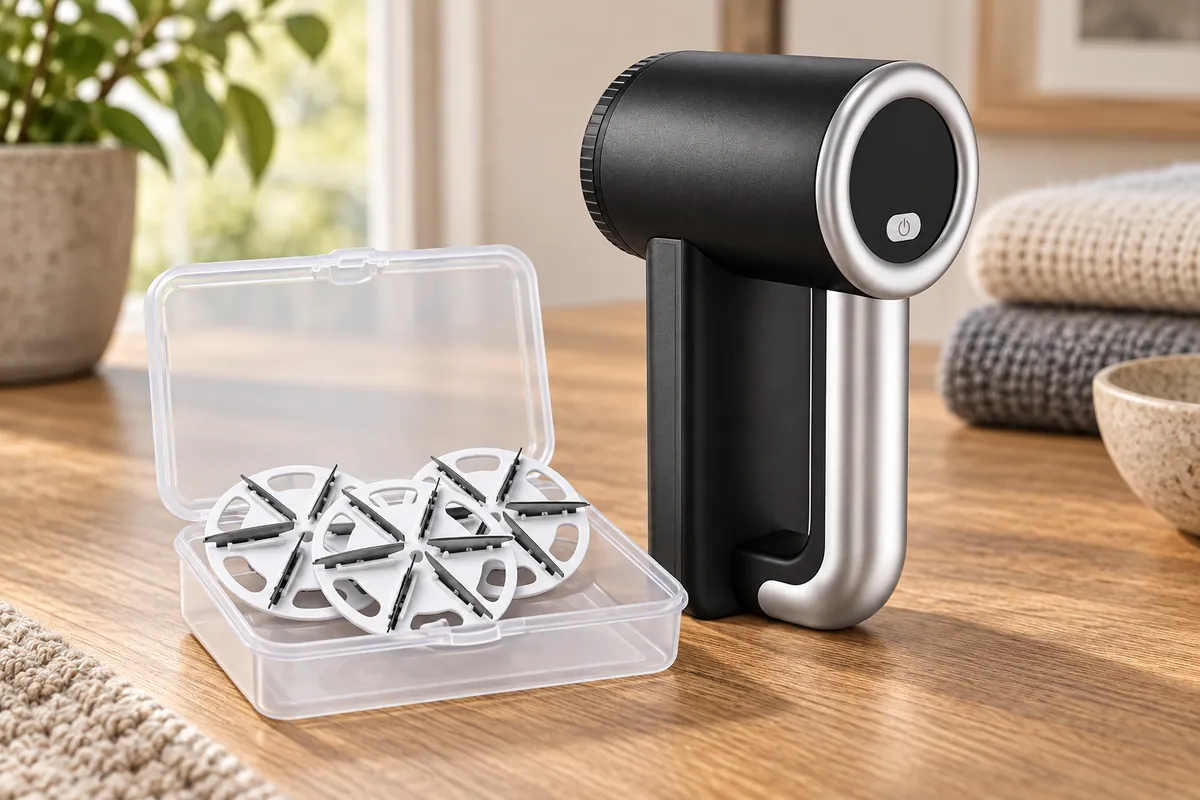 Replacement blades stored safely beside a fabric shaver