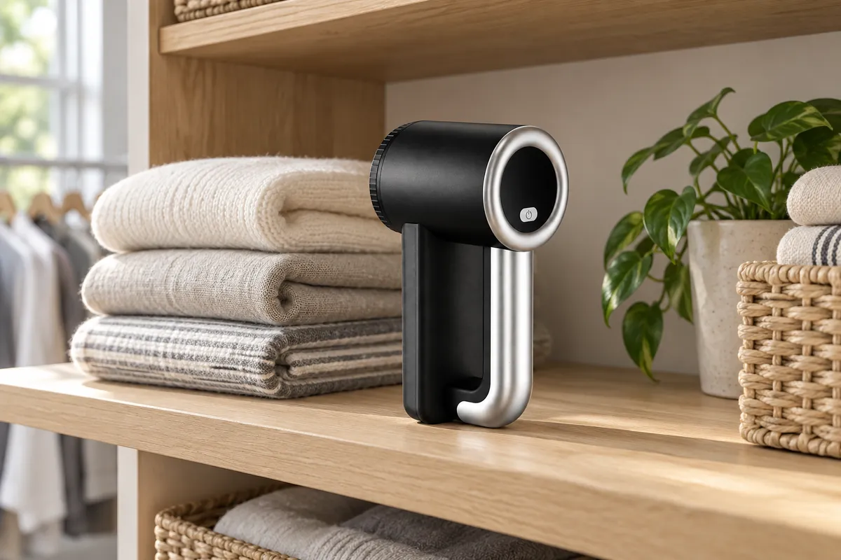 A fabric shaver stored on a dry open shelf beside knitwear