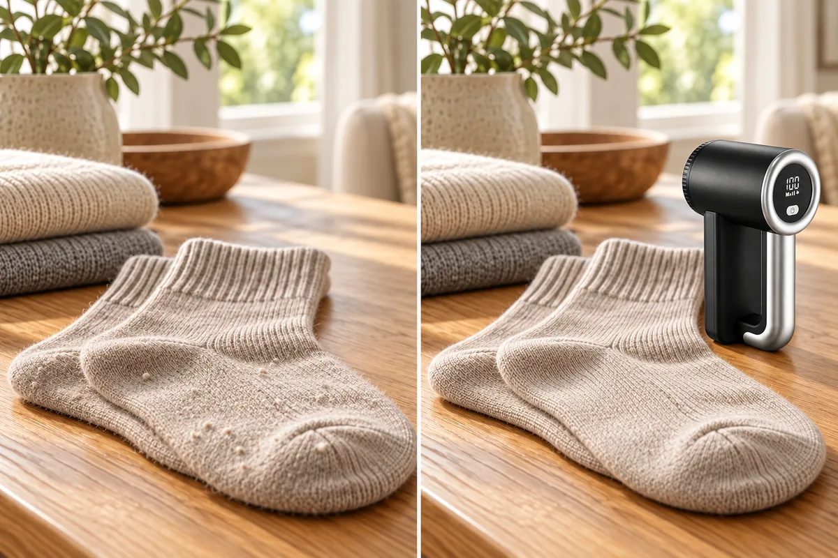 The same knit socks before and after surface pilling is removed, with FS-9955A alongside