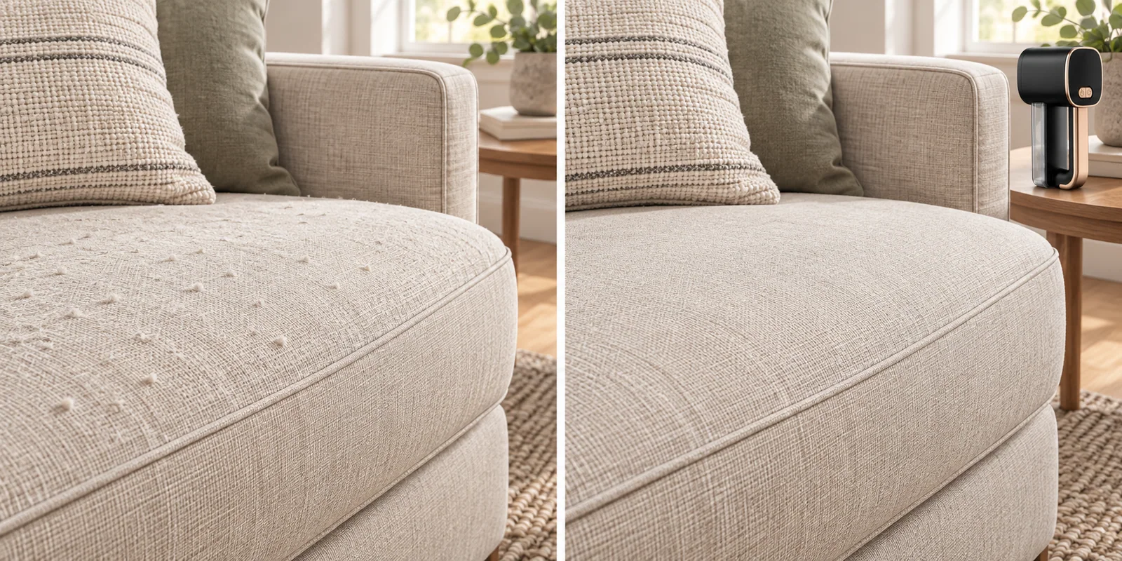 Before and after comparison of pilling on a fabric sofa, with FS-9955B beside it