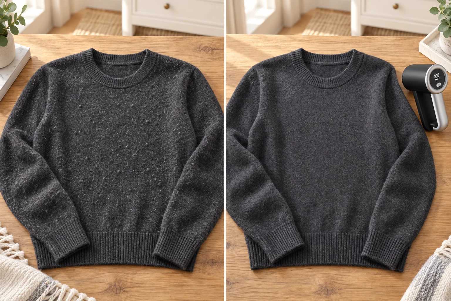 Before and after comparison of pilling on a charcoal sweater, with FS-9955A beside it