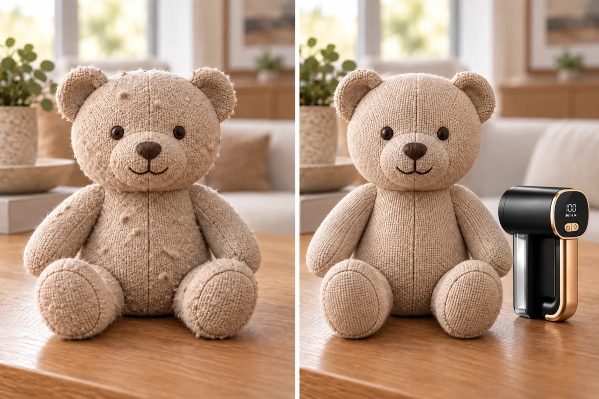 The same short-pile fabric teddy before and after surface pilling is removed, with FS-9955B alongside